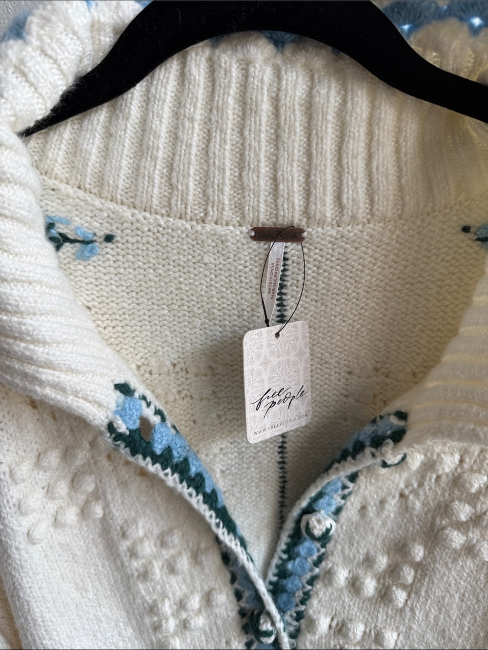 Free People Cream Knit Cardigan with Blue Trim - Picture 2 of 9